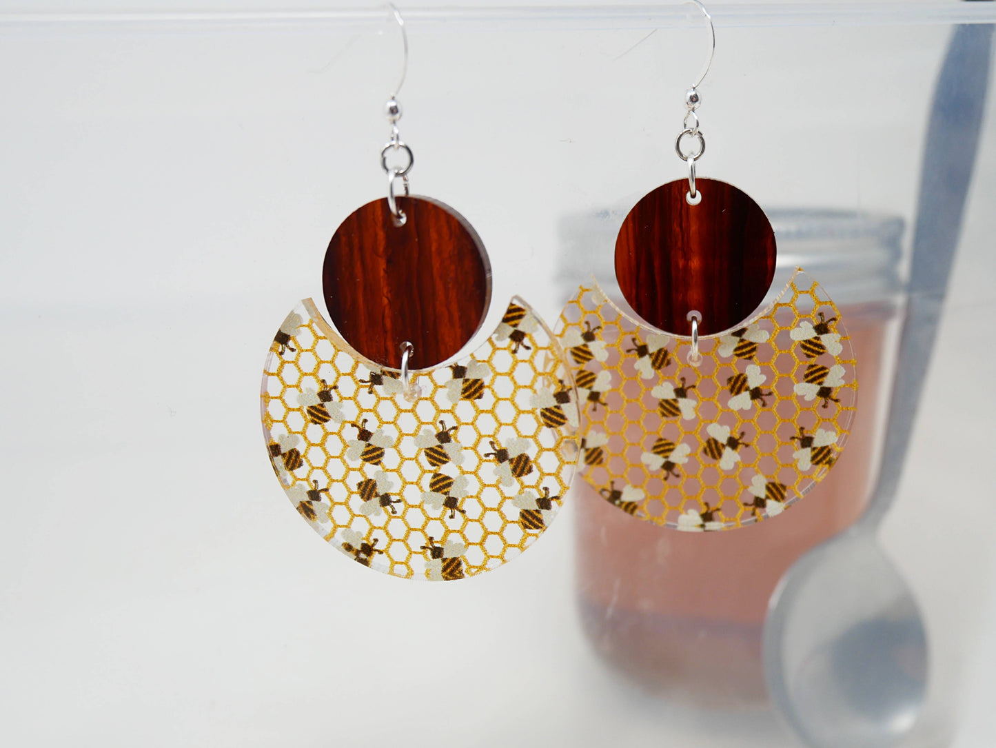 Bumblebee Honeycomb Pattern Earrings | Sterling Silver, Stainless Steel, or Clip On