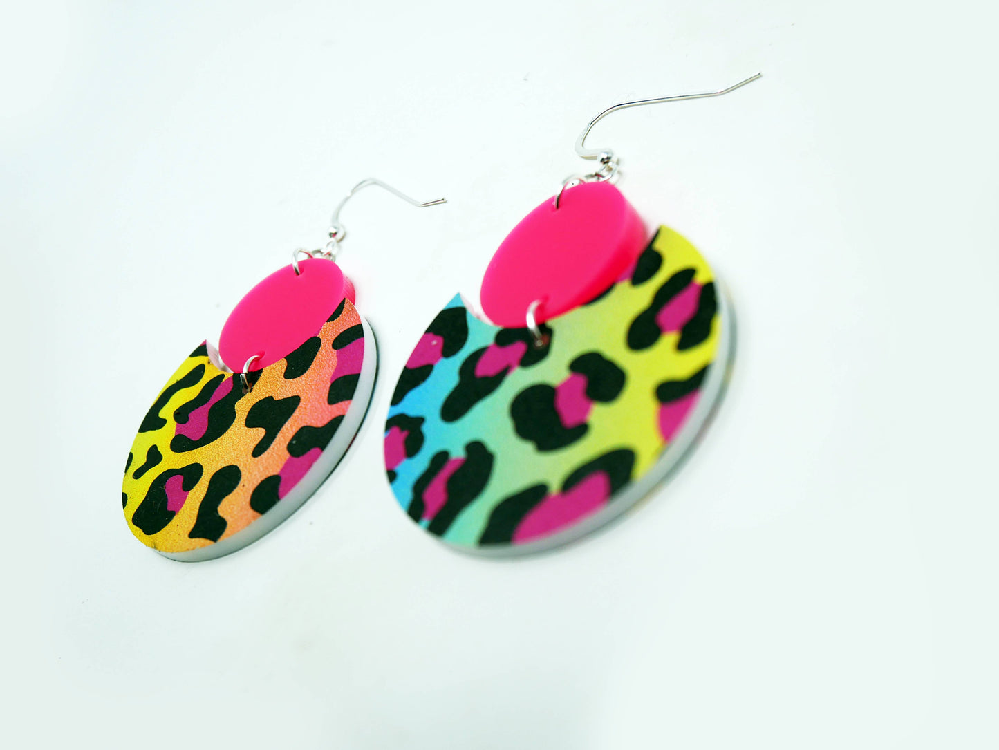 90s Neon Cheetah Pattern Earrings | Sterling Silver, Stainless Steel, or Clip On