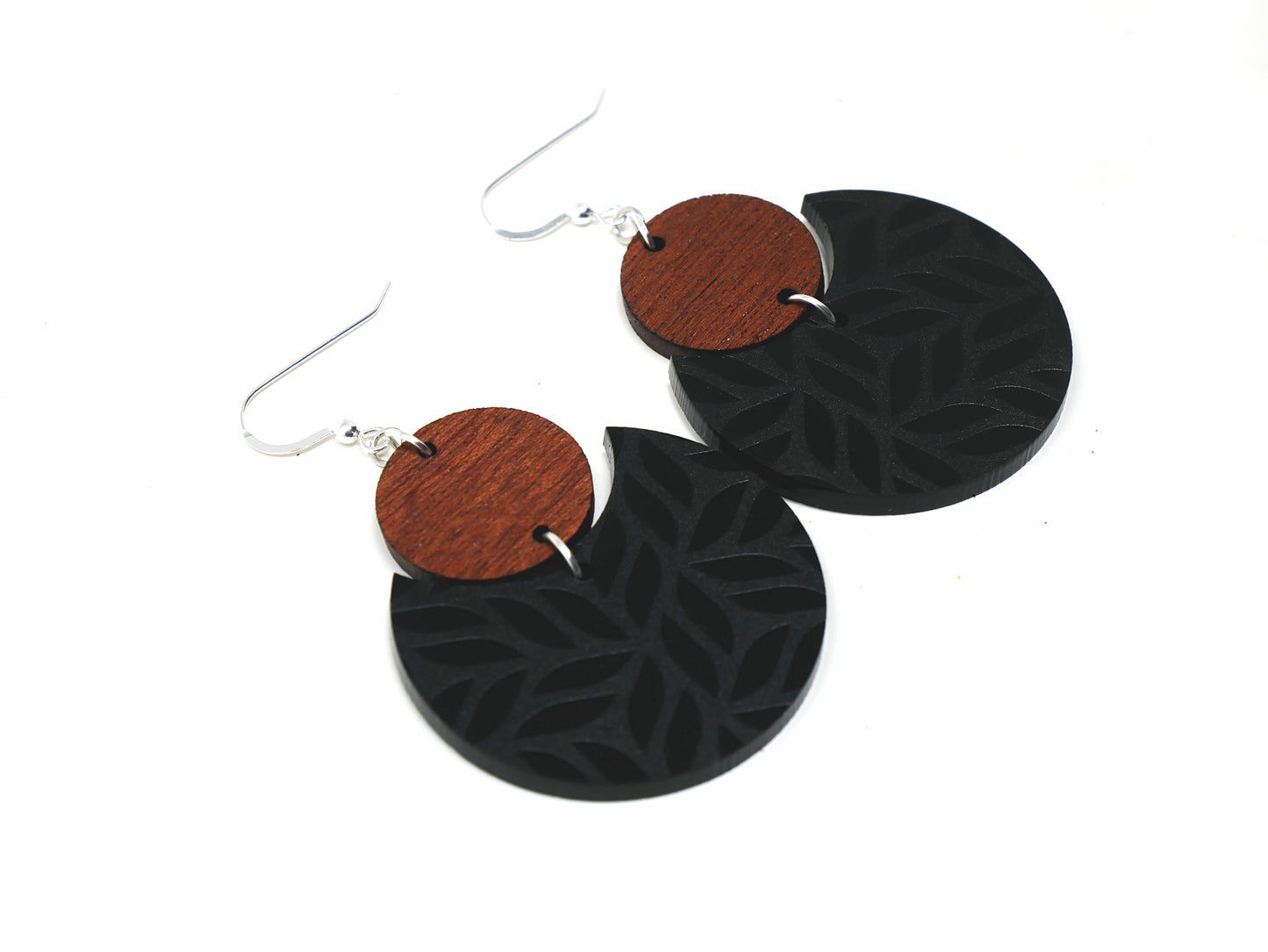 Wood & Black Leaf Pattern Earrings | Sterling Silver, Stainless Steel, or Clip On