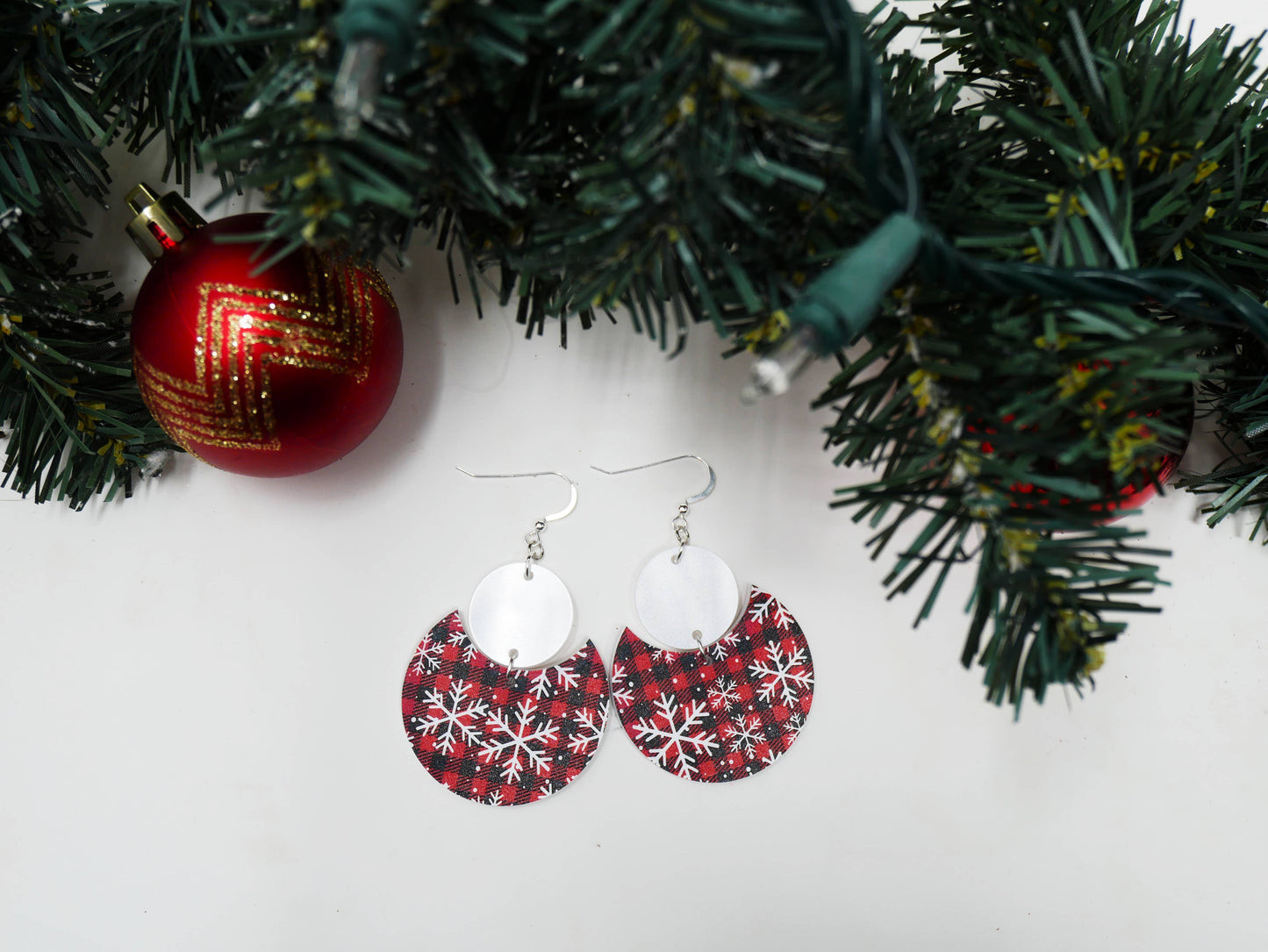 Snowflake Buffalo Plaid Pattern Earrings | Sterling Silver, Stainless Steel, or Clip On