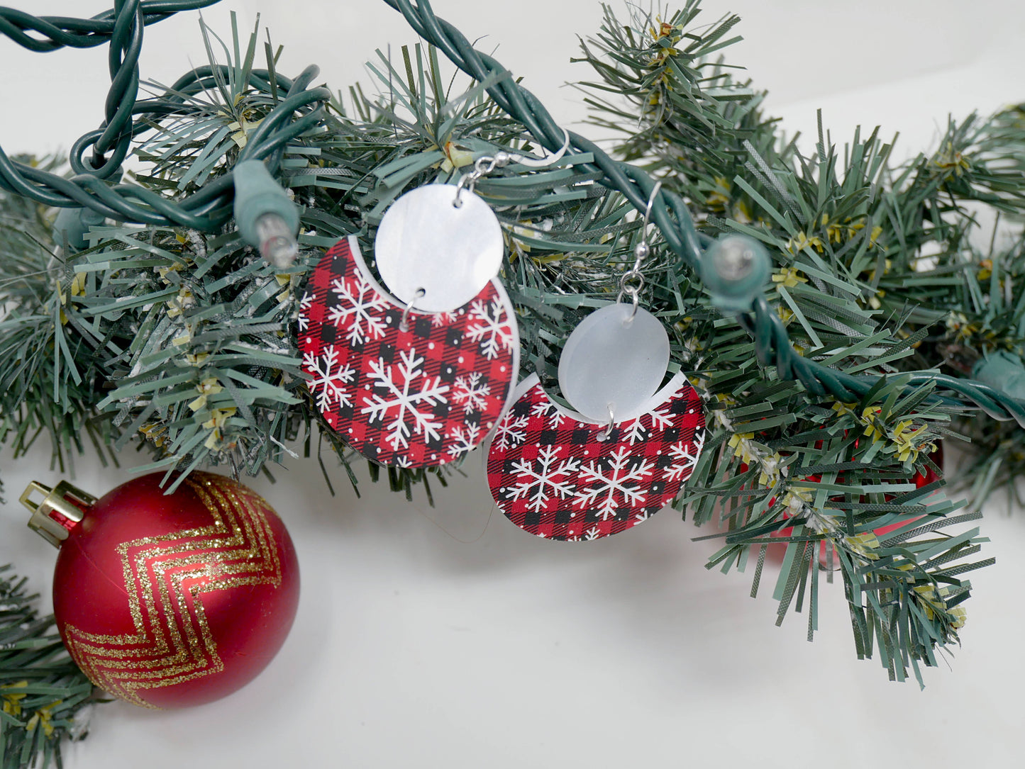 Snowflake Buffalo Plaid Pattern Earrings | Sterling Silver, Stainless Steel, or Clip On