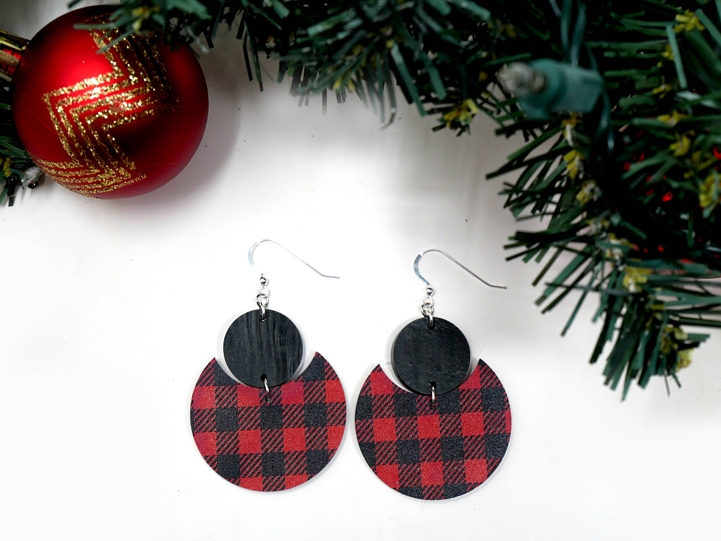 Red & Black Buffalo Plaid Pattern Earrings | Sterling Silver, Stainless Steel, or Clip On