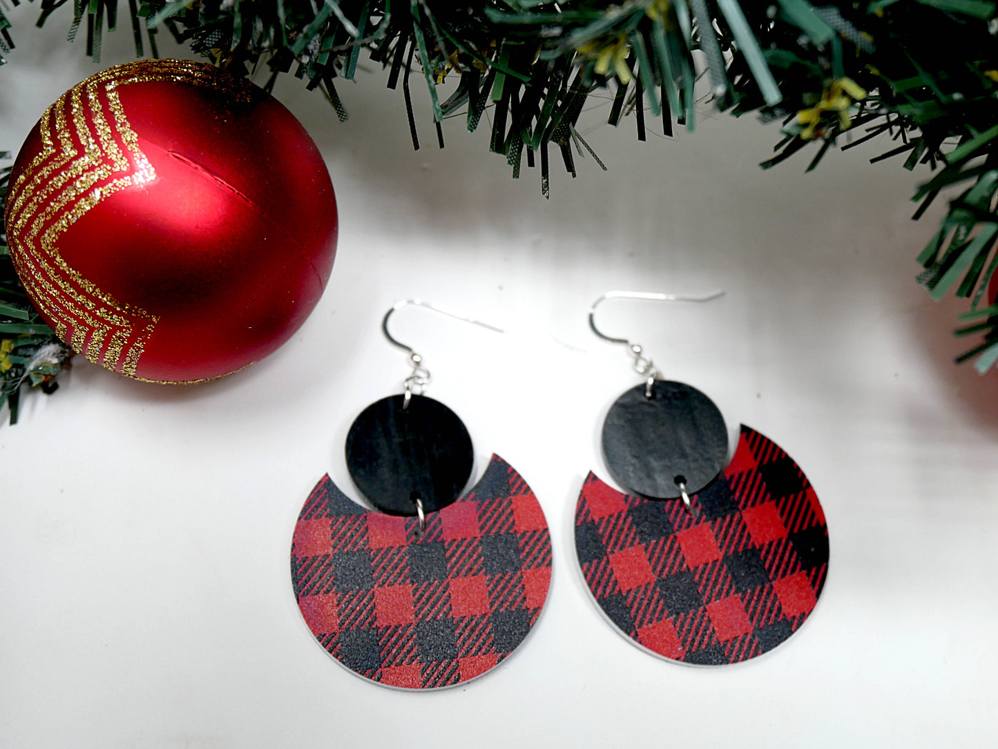 Red & Black Buffalo Plaid Pattern Earrings | Sterling Silver, Stainless Steel, or Clip On