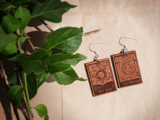 The Sun & The Moon Tarot Card Dangle Earrings | Sterling Silver, Stainless Steel, or Clip On