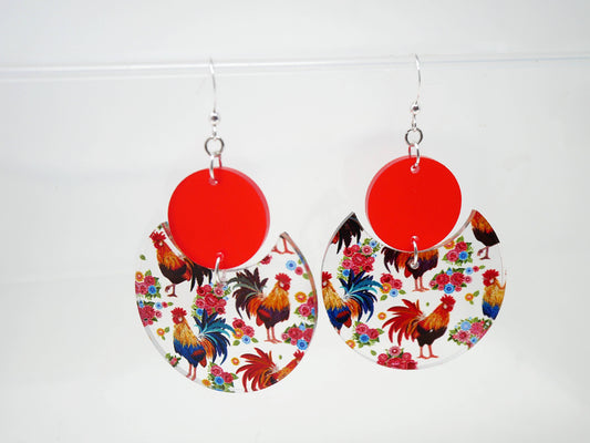 Red Rooster Pattern Earrings | Sterling Silver, Stainless Steel, or Clip On