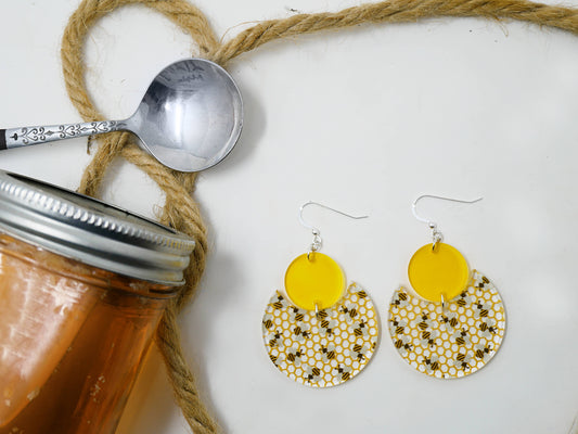 Bumblebee Honeycomb Pattern Earrings | Sterling Silver, Stainless Steel, or Clip On