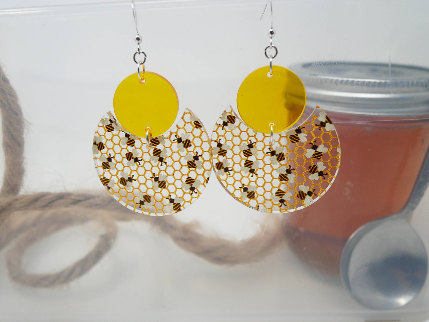 Bumblebee Honeycomb Pattern Earrings | Sterling Silver, Stainless Steel, or Clip On
