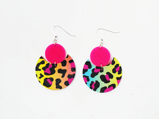 90s Neon Cheetah Pattern Earrings | Sterling Silver, Stainless Steel, or Clip On