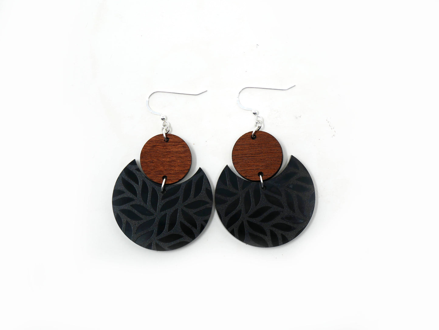 Wood & Black Leaf Pattern Earrings | Sterling Silver, Stainless Steel, or Clip On