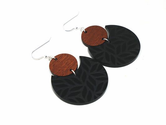 Wood & Black Leaf Pattern Earrings | Sterling Silver, Stainless Steel, or Clip On