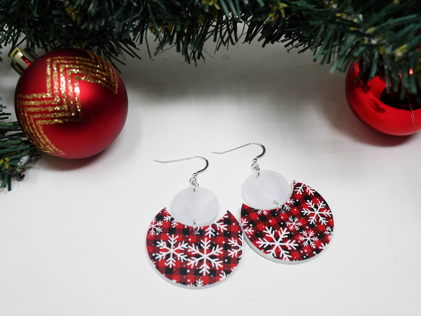 Snowflake Buffalo Plaid Pattern Earrings | Sterling Silver, Stainless Steel, or Clip On