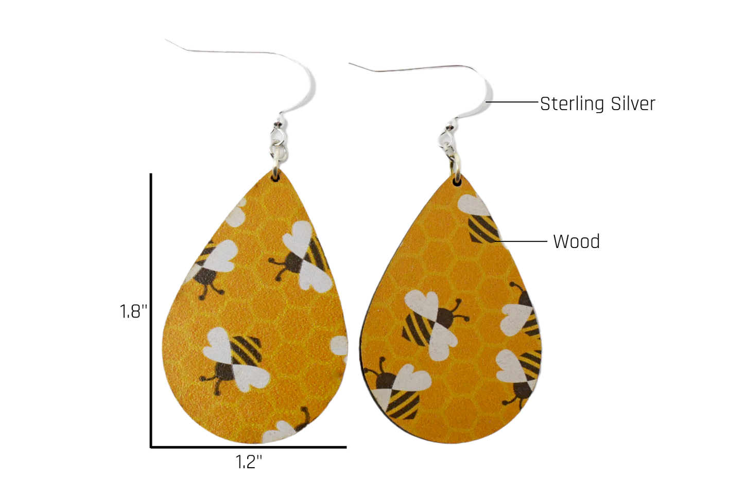 Bumblebee Wood Teardrop Earrings | Sterling Silver, Stainless Steel, or Clip On